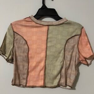 SHEIN Patchwork Plaid Crop Top - Peach, Green, Brown